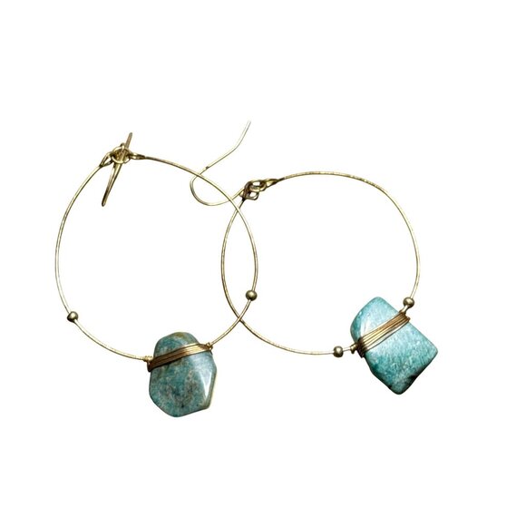 Gold Hoop Earrings with Natural Amazonite Stone Dangle Boho Handmade Jewelry - Picture 1 of 6